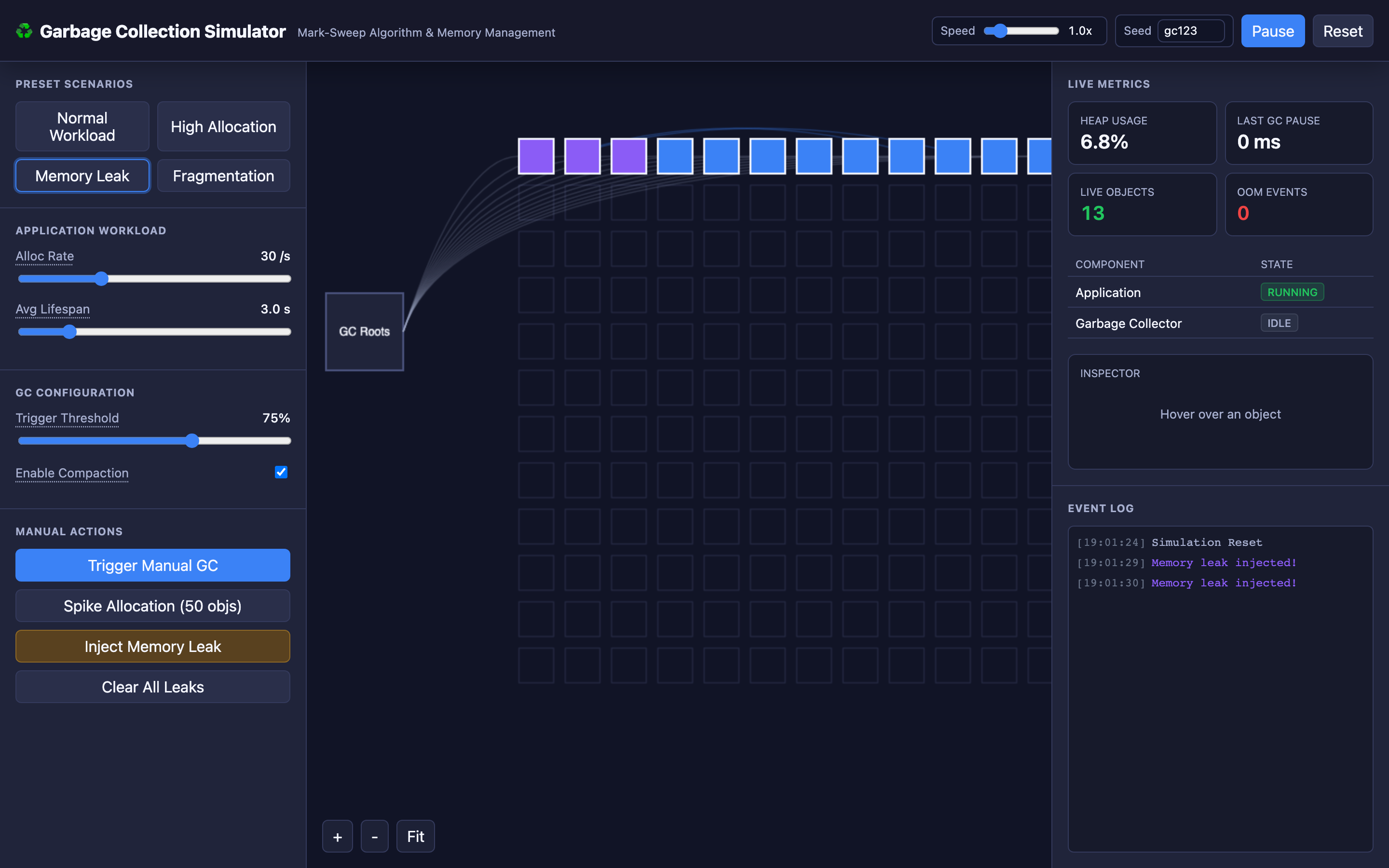 The TechViz Hub garbage collection simulator showing mark-sweep phases, heap allocation, and stop-the-world pauses